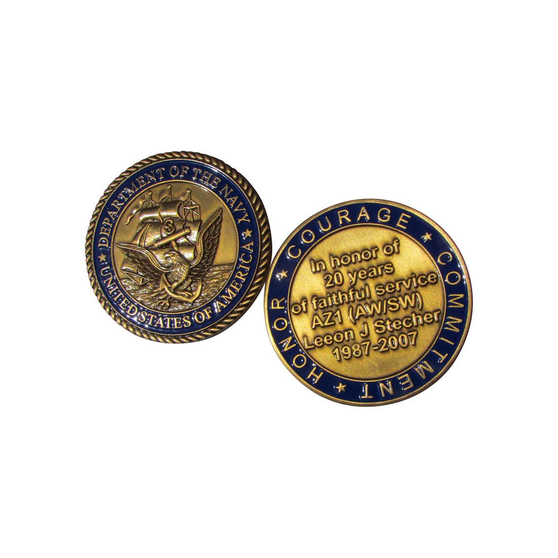 US Navy AZ1 (AW/SW) Leeon J. Stecher 20 Years of Faithful Service Challenge Coin