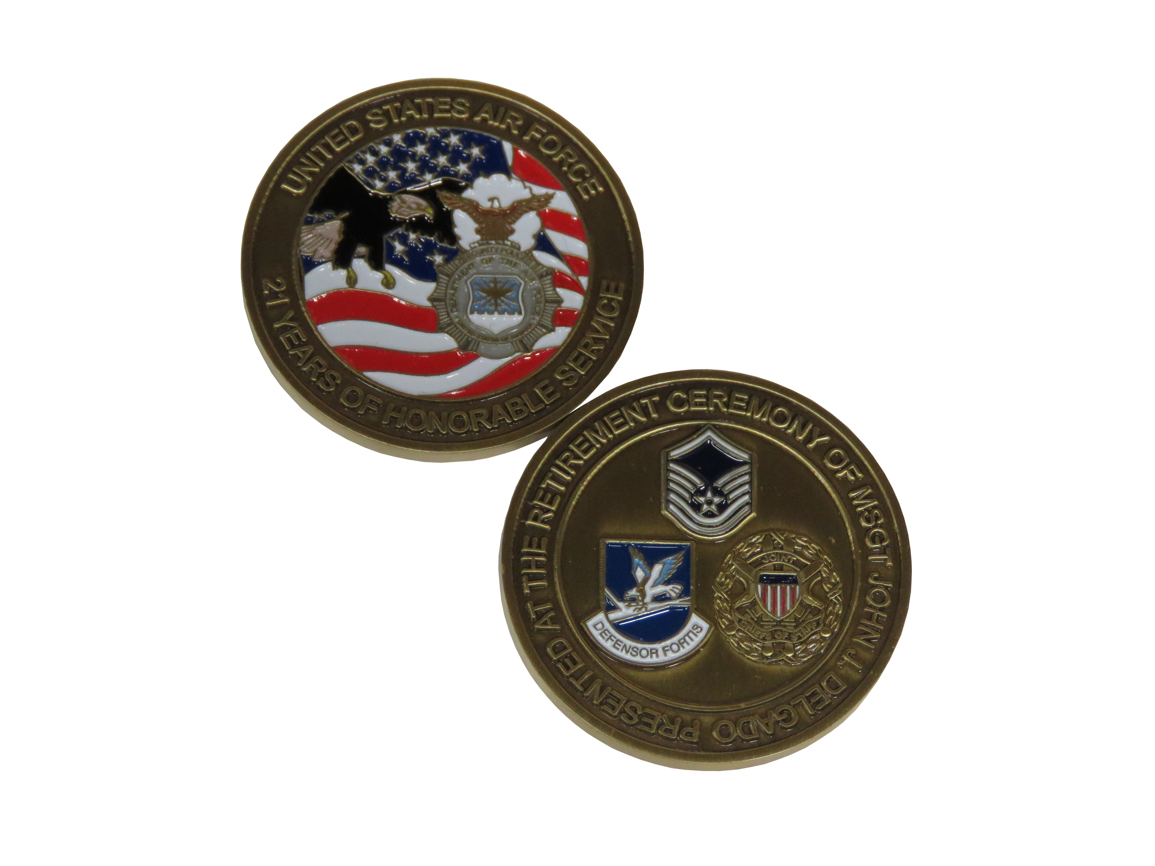 US Air Force 21 years of Honorable Service Msgt John J Delgado Challenge Coin