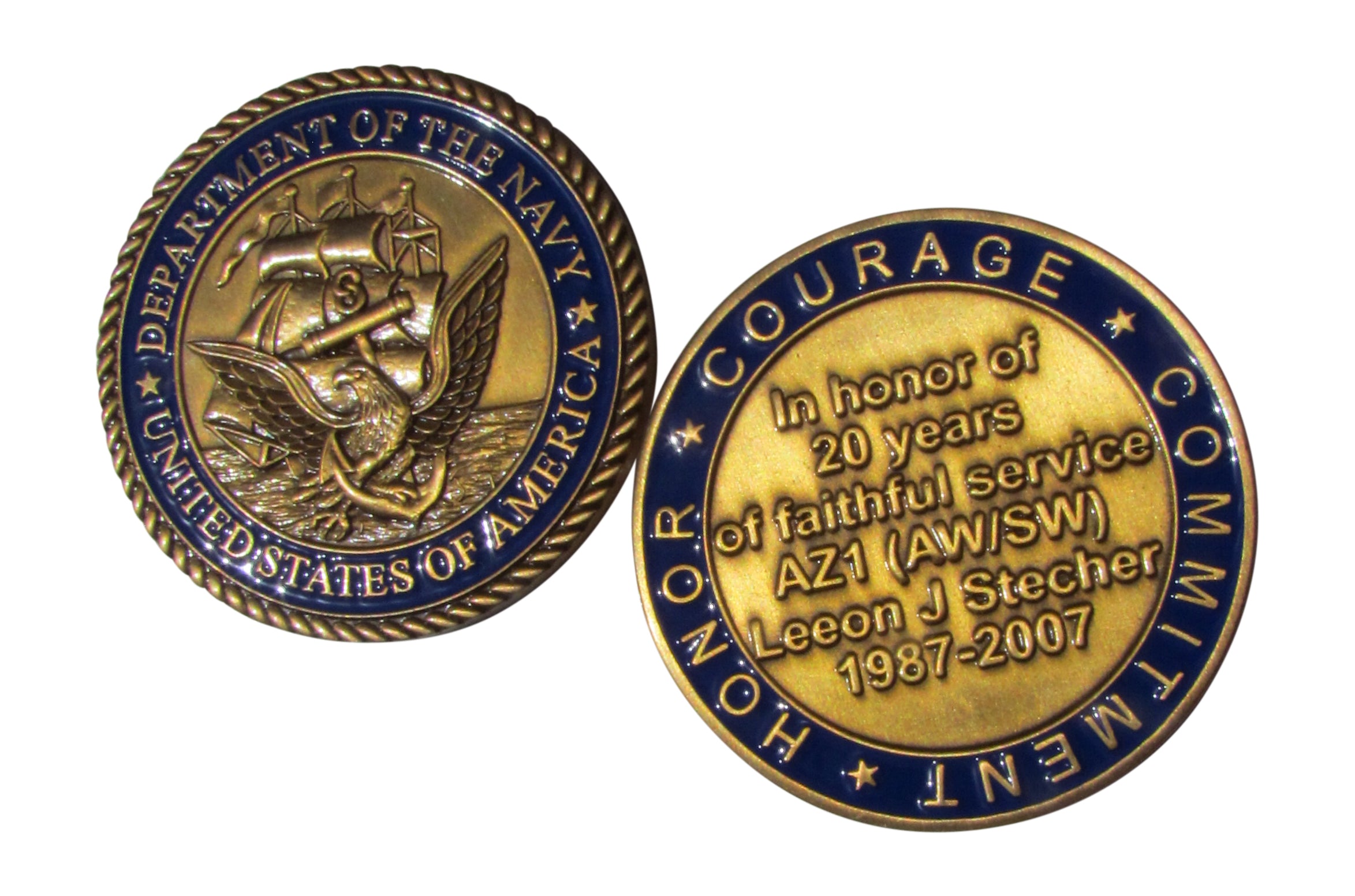 US Navy AZ1 (AW/SW) Leeon J. Stecher 20 Years of Faithful Service Challenge Coin